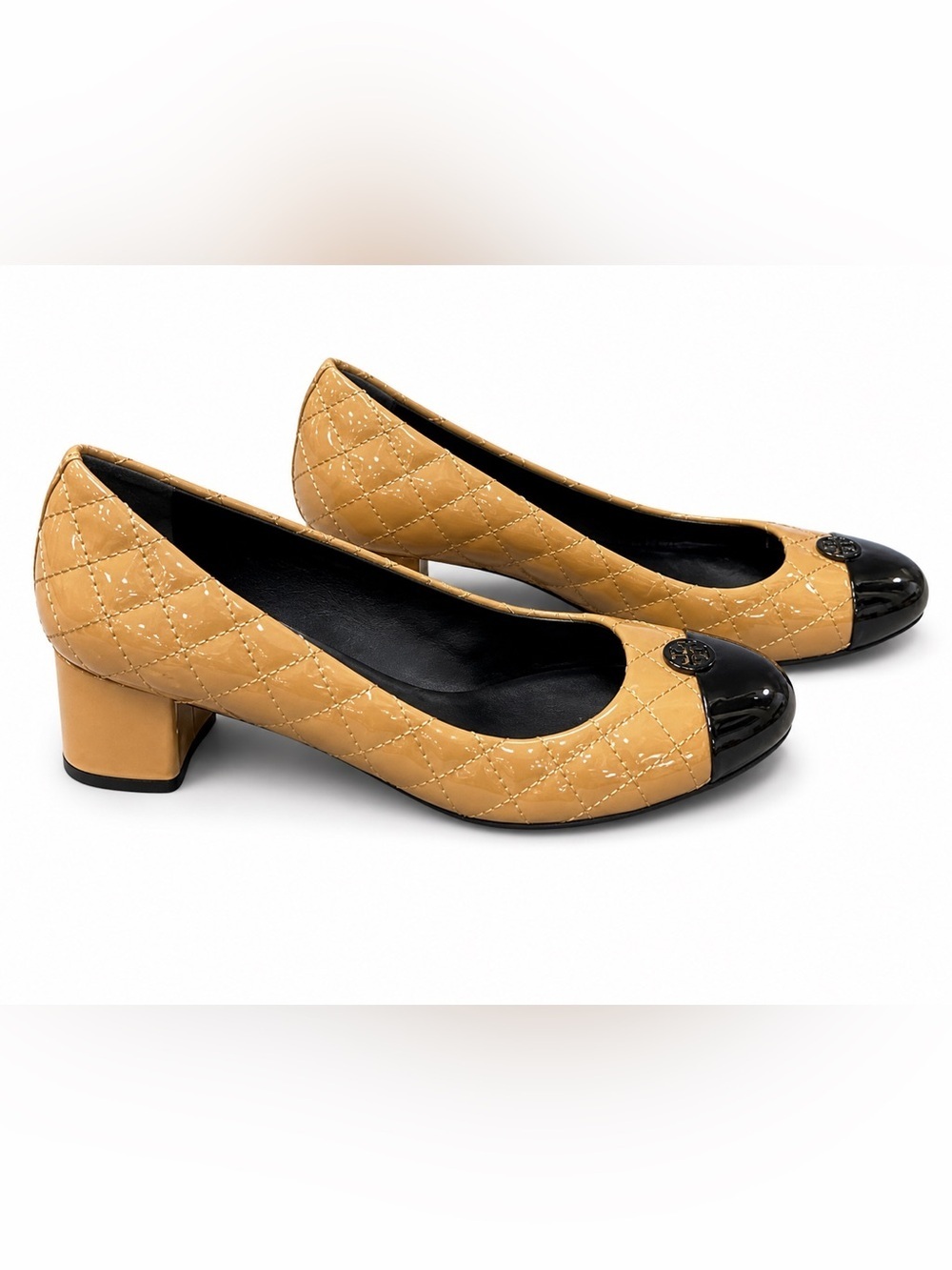 Tory Burch Quilted Cap Toe Block Heel Pumps Tan Black Leather Size 8.5M Classic